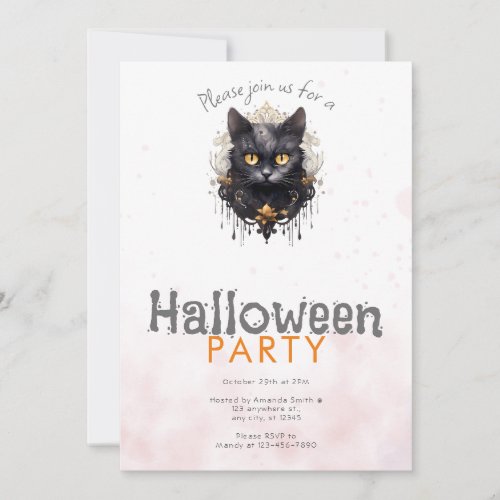 Regal Black Cat Rhinestones Halloween Party Invitation