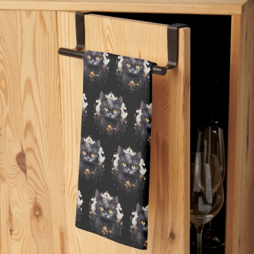Regal Black Cat Rhinestones Pattern Halloween Kitchen Towel