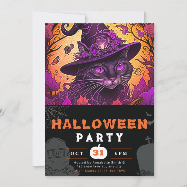 Regal Black Cat Witches Hat Black Halloween Invitation (Front)