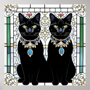 Regal Black Cats Stained Glass Jewelry Wall Art