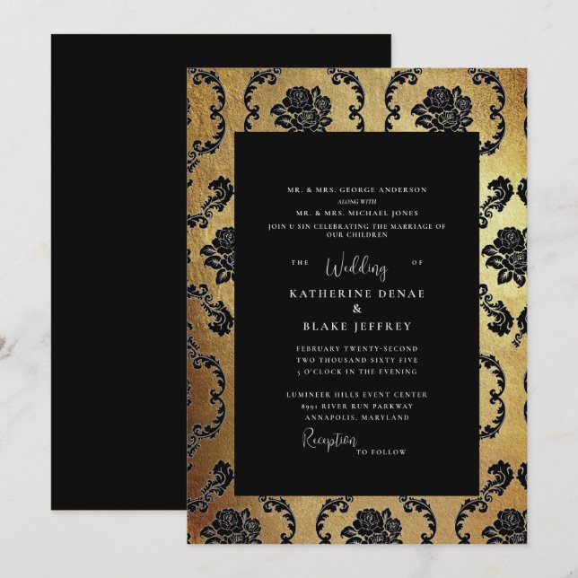 Regal Black & Gold Elegant Both Parents Wedding  Invitation (Front/Back)