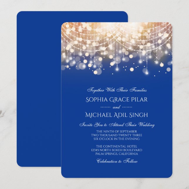 Regal Blue and Gold Bokeh Lights Invitation (Front/Back)