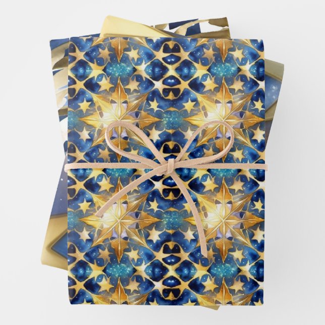 Regal blue and gold holiday wrapping paper combo (In situ)