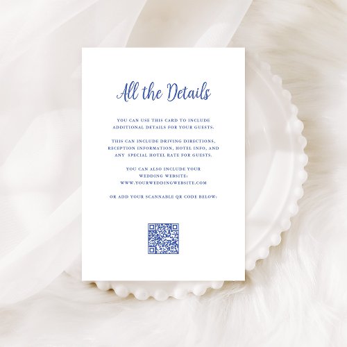 Regal Blue and White  Wedding Details QR Code Enclosure Card