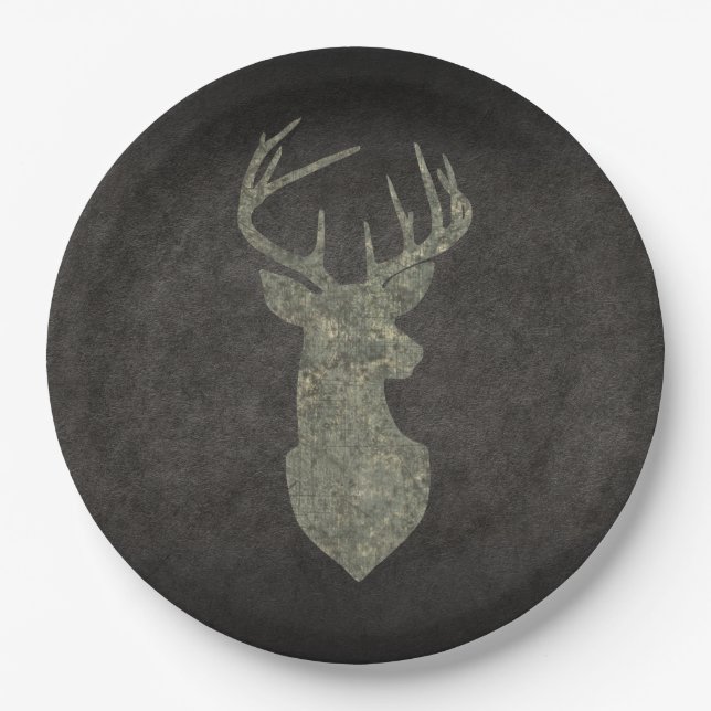 Regal Buck Trophy Deer Silhouette in Camouflage Paper Plates (Front)