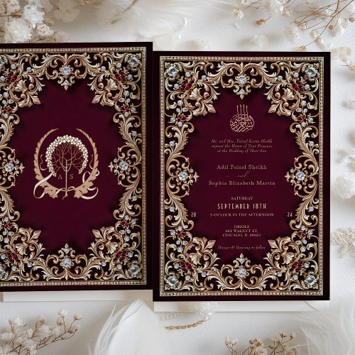 Regal Burgundy Antique Gold Jewels Islamic Wedding Invitation