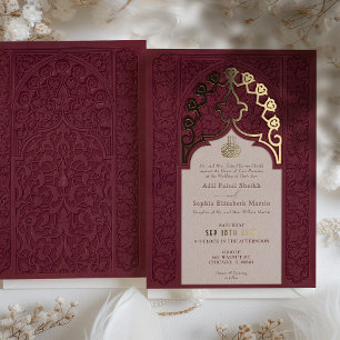 Regal Burgundy Lace Islamic Wedding Invitation Foil Invitation