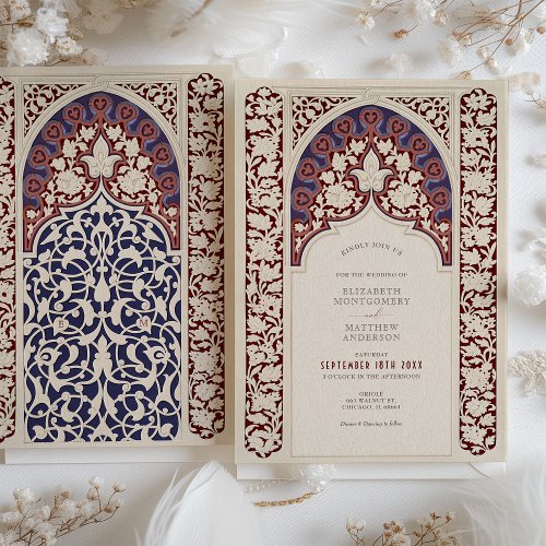 Regal Burgundy  Navy Lace Wedding Invitation