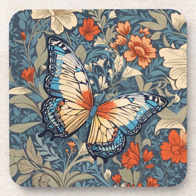 Regal Butterfly Amidst William Morris Floral Beverage Coaster (Front)