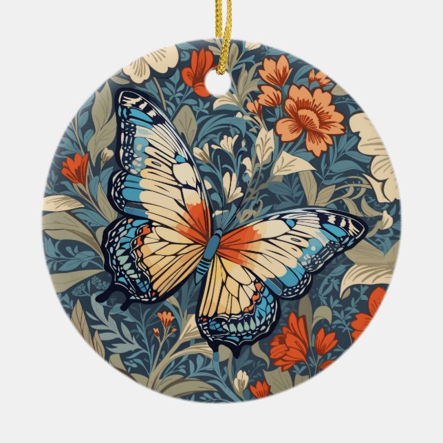 Regal Butterfly Amidst William Morris Floral Ceramic Ornament (Front)