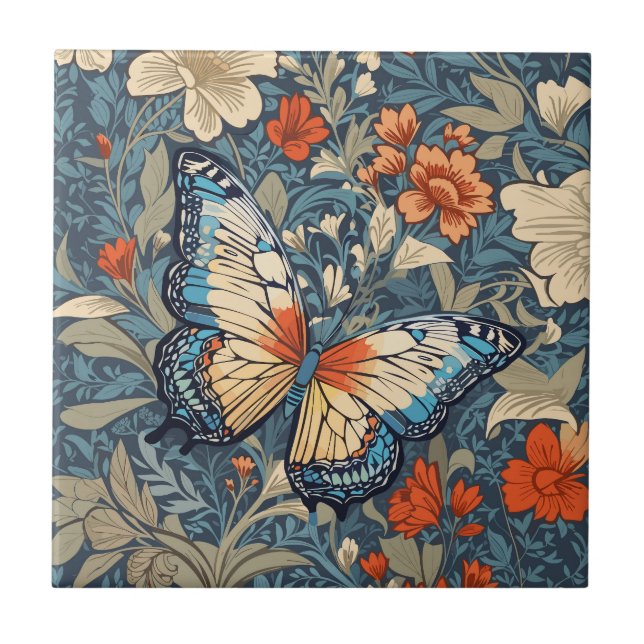 Regal Butterfly Amidst William Morris Floral Ceramic Tile (Front)