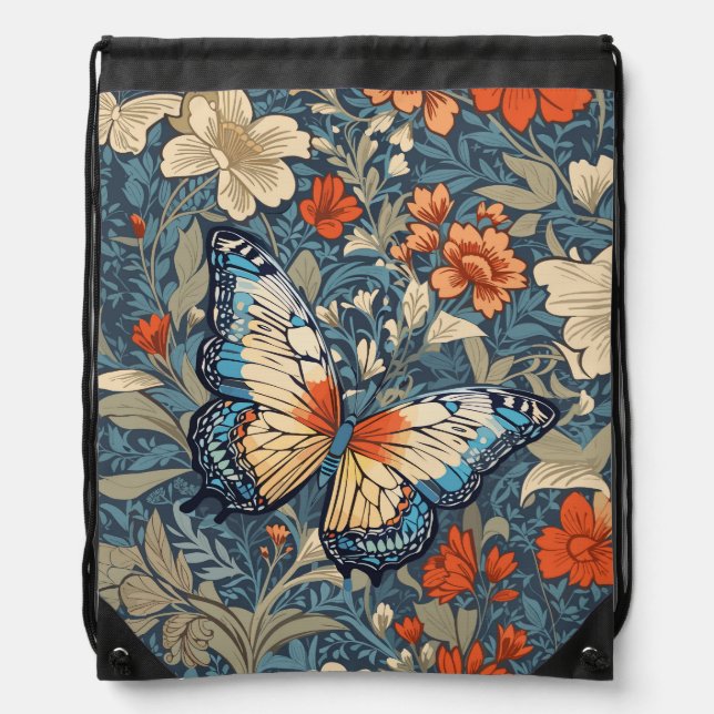 Regal Butterfly Amidst William Morris Floral Drawstring Bag (Front)