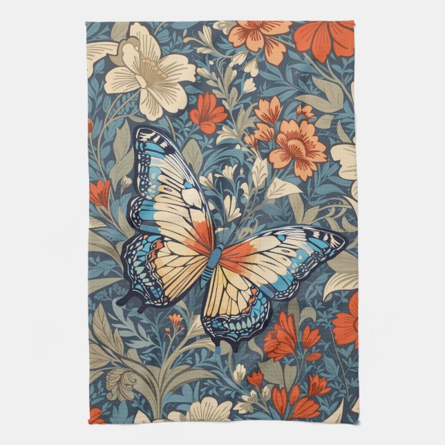 Regal Butterfly Amidst William Morris Floral Kitchen Towel (Vertical)