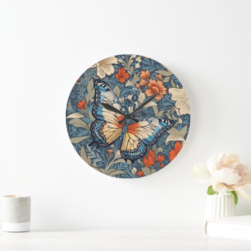 Regal Butterfly Amidst William Morris Floral Large Clock