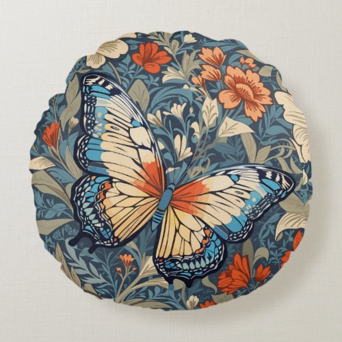 Regal Butterfly Amidst William Morris Floral Round Pillow