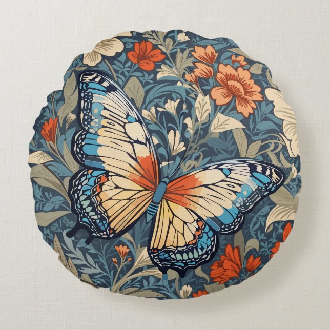 Regal Butterfly Amidst William Morris Floral Round Pillow (Front)