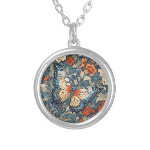 Regal Butterfly Amidst William Morris Floral Silver Plated Necklace