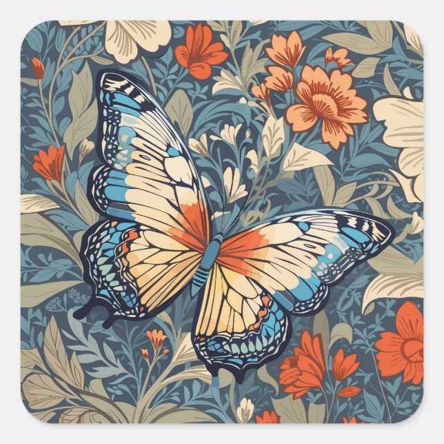 Regal Butterfly Amidst William Morris Floral Square Sticker (Front)