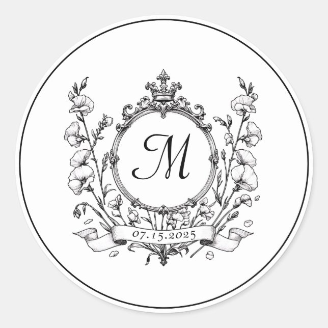 Regal Classic Formal Monogram Crest Wedding  Classic Round Sticker (Front)