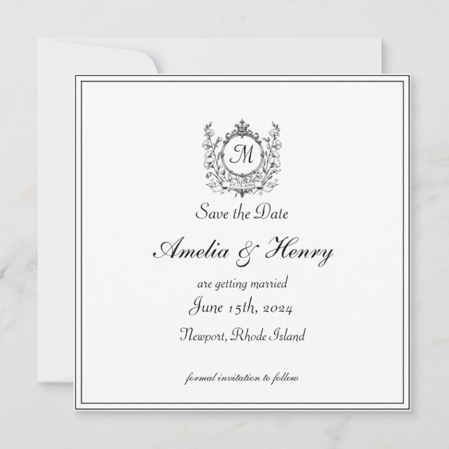 Regal Classic Formal Monogram Crest Wedding  Save The Date (Front)