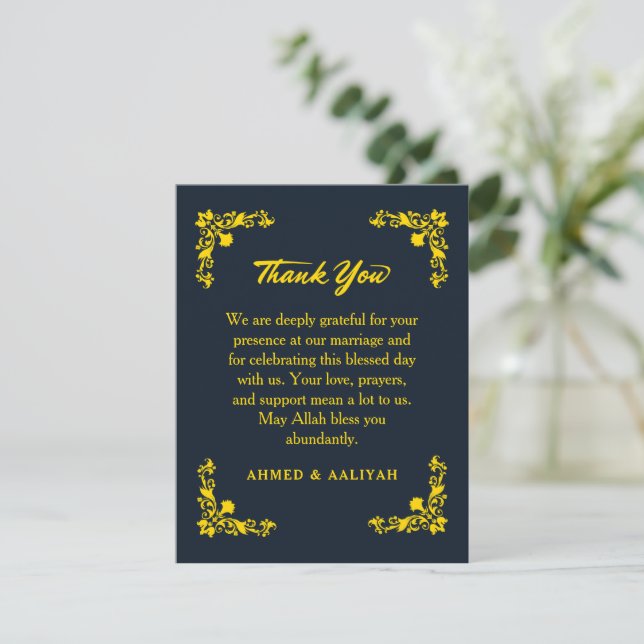 Regal Contrast Midnight Blue & Gold Floral Wedding Thank You Card (Standing Front)