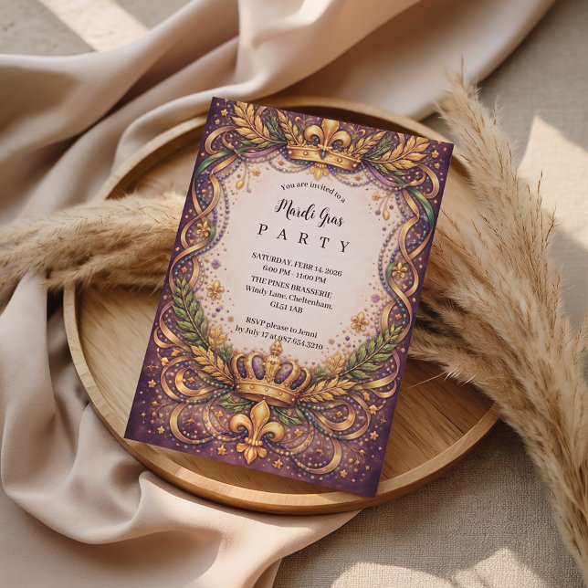 Regal Crown Fleur-de-Lis Mardi Gras Invitation (Creator Uploaded)