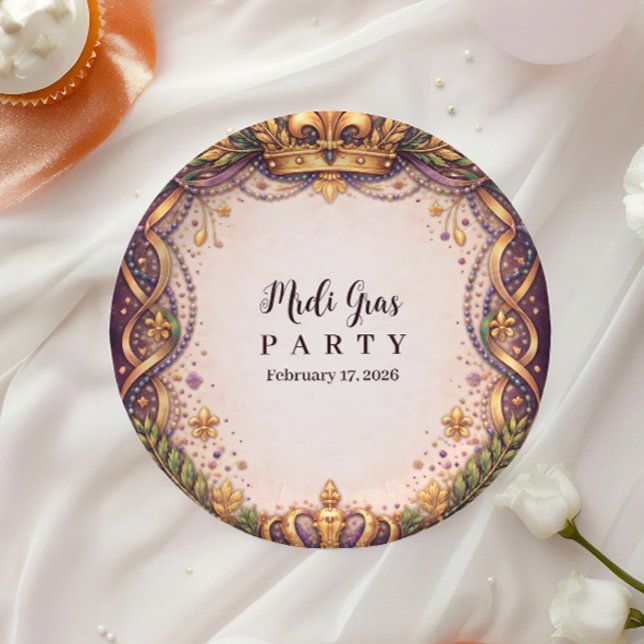 Regal Crown Fleur-de-Lis Mardi Gras Paper Plates (Creator Uploaded)