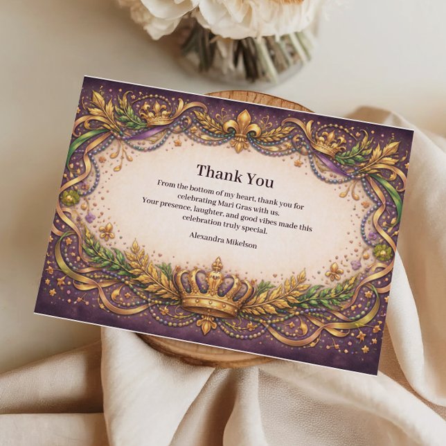 Regal Crown Fleur-de-Lis Mardi Gras Thank You Card (Creator Uploaded)