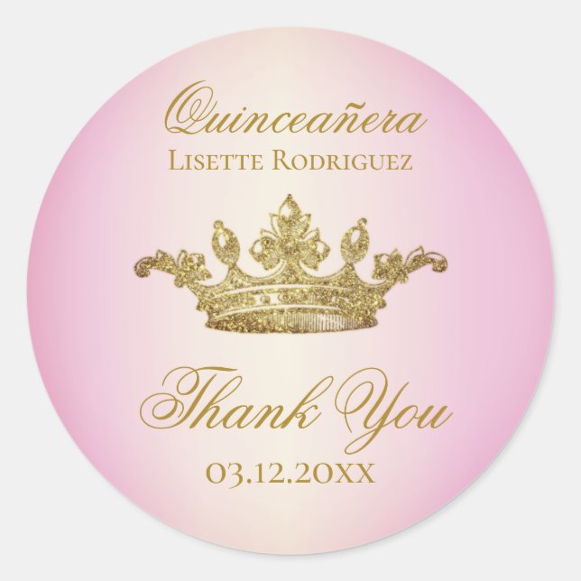 Regal Crown Quinceanera Thank You Classic Round Sticker (Front)