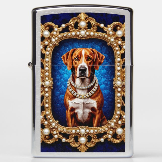 Regal Dog Portrait with Lavish Gold Frame Zippo Lighter (Front)