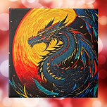 Regal Dragon: Vibrant Retro Comic Ceramic Tile<br><div class="desc">Step into a realm of fantasy with our regal dragon ceramic tile. Crafted with a lino cut drawing technique, this design depicts a majestic dragon, its scales glistening under the glow of a full moon. Bold colors of black, red, yellow, and blue bring this piece to life, while deep lines...</div>