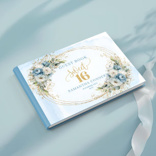 Regal Dusty Blue Floral Gold Sweet 16th Sign In Guest Book