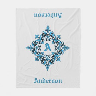Regal Elaborate Blue and Black Framed Monogram Fleece Blanket