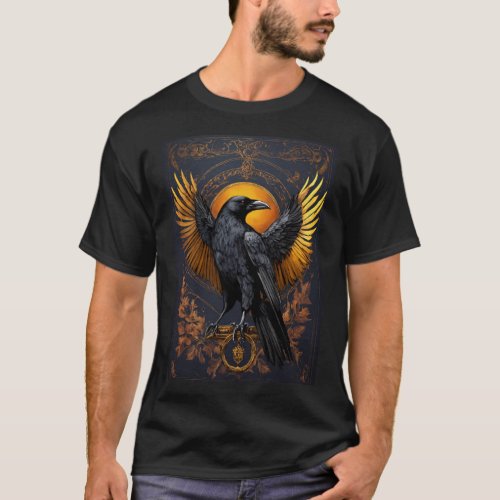 Regal Elegance Black Crow Family Crest Print T_Shirt