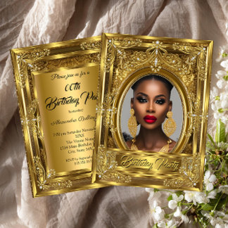 Regal Elegant Photo Birthday Party Gold Gems Invitation