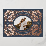 Regal Embellished Save The Date Photo Frame Navy Foil Invitation<br><div class="desc">This photo save the date features intricate hand-drawn ornamental foliage that surrounds the text and photo.</div>