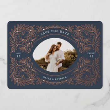 Regal Embellished Save The Date Photo Frame Navy Foil Invitation by NBpaperco at Zazzle