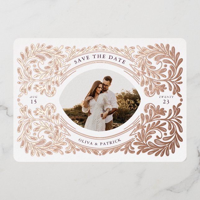 Regal Embellished Save The Date Photo Frame Purple Foil Invitation (Front)