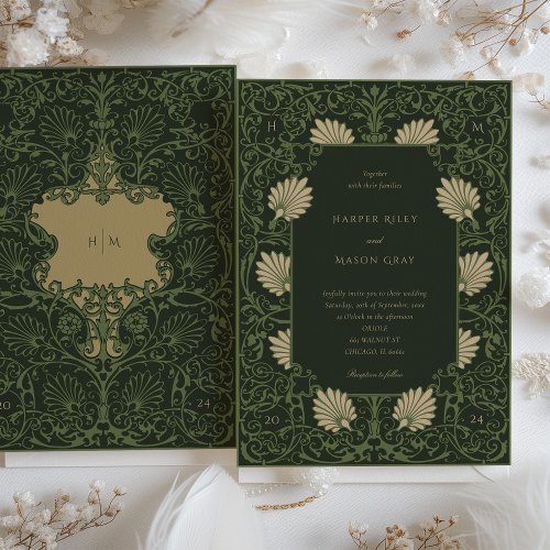 Regal Emerald Green Antique Gold Baroque Wedding Invitation