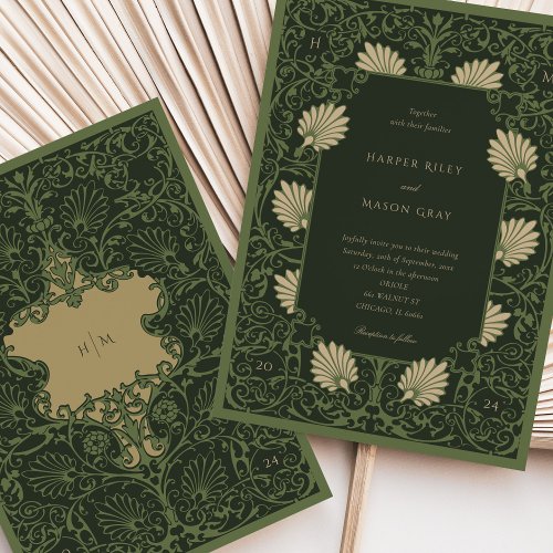 Regal Emerald Green Antique Gold Baroque Wedding Invitation