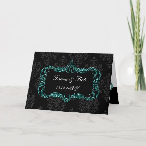 regal flourish black and aqua damask thank you