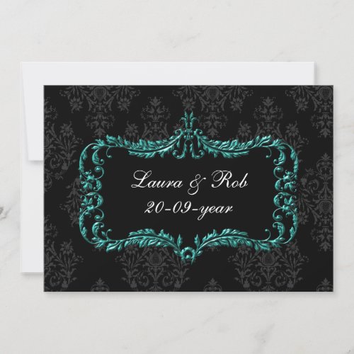 regal flourish black and aqua damask thank you invitation