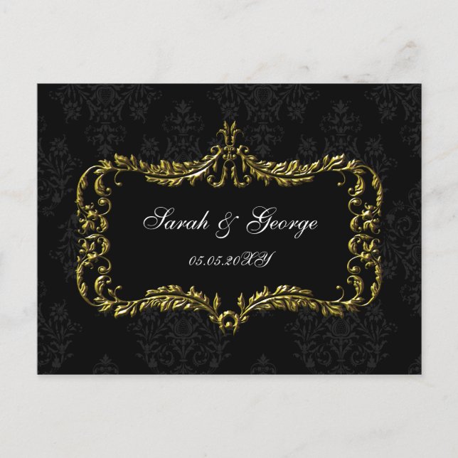 regal flourish black and gold damask rsvp invitation postcard (Front)