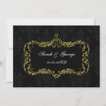 regal flourish black and gold damask save the date
