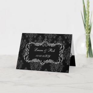 regal flourish black and gray damask thank you card