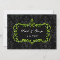 regal flourish black and green damask invites