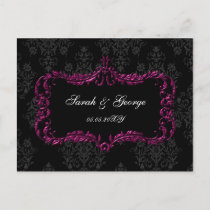 regal flourish black and pink damask rsvp invitation postcard