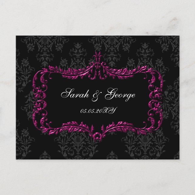 regal flourish black and pink damask rsvp invitation postcard (Front)