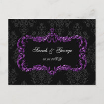 regal flourish black and purple damask rsvp invitation postcard