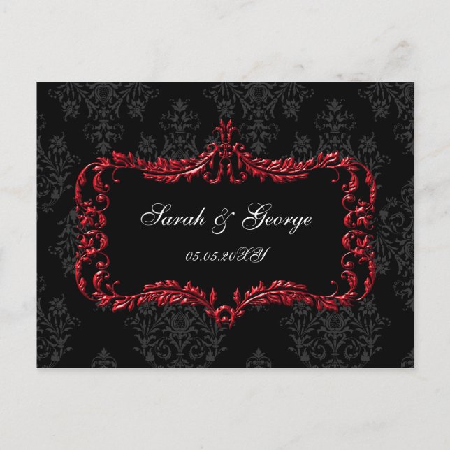 regal flourish black and red damask rsvp invitation postcard (Front)
